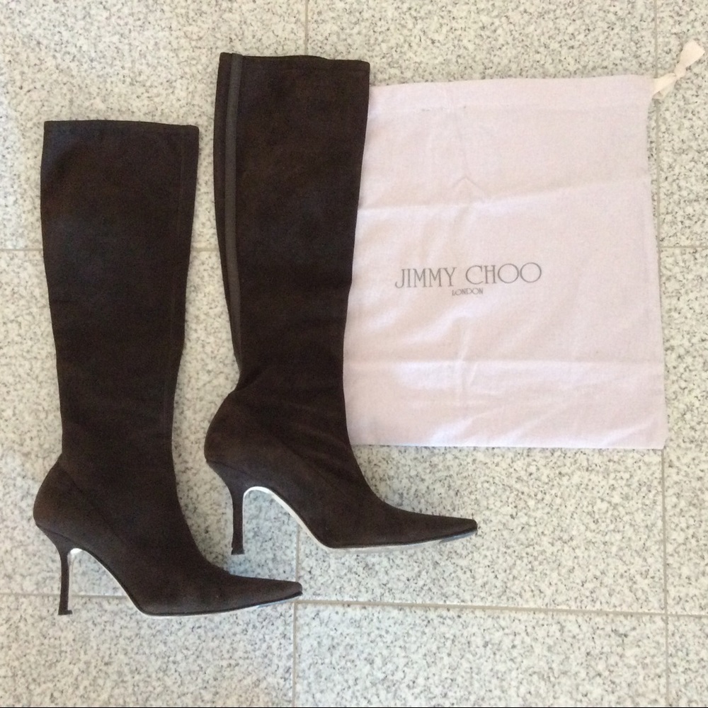 Jimmy Choo Dark Brown Suede Knee-High Pointed Toe Stiletto Boots